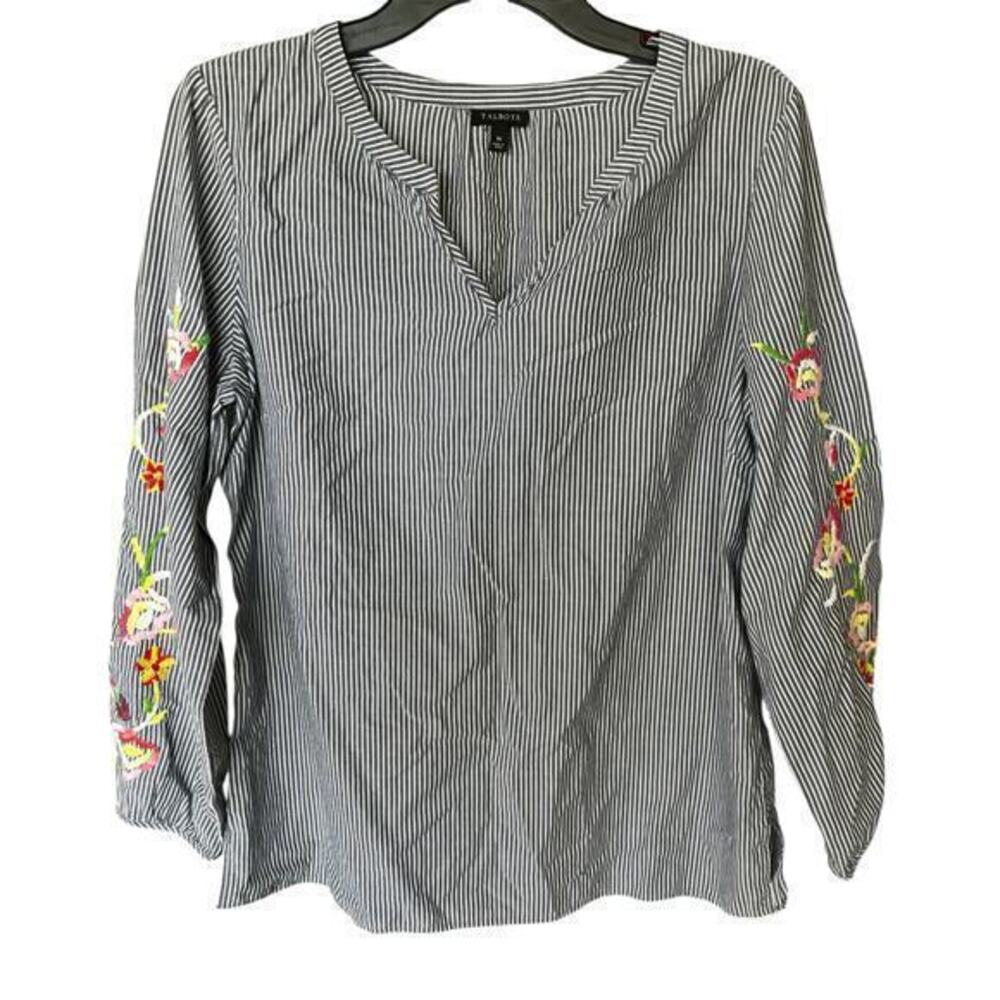 TALBOTS chambray striped embroidered sleeve Cottagecore boho whimper blouse sz M